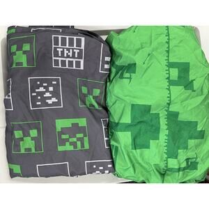 Minecraft Twin Set Flat Sheet Fitted Sheet Bed Gray Green Kids Room